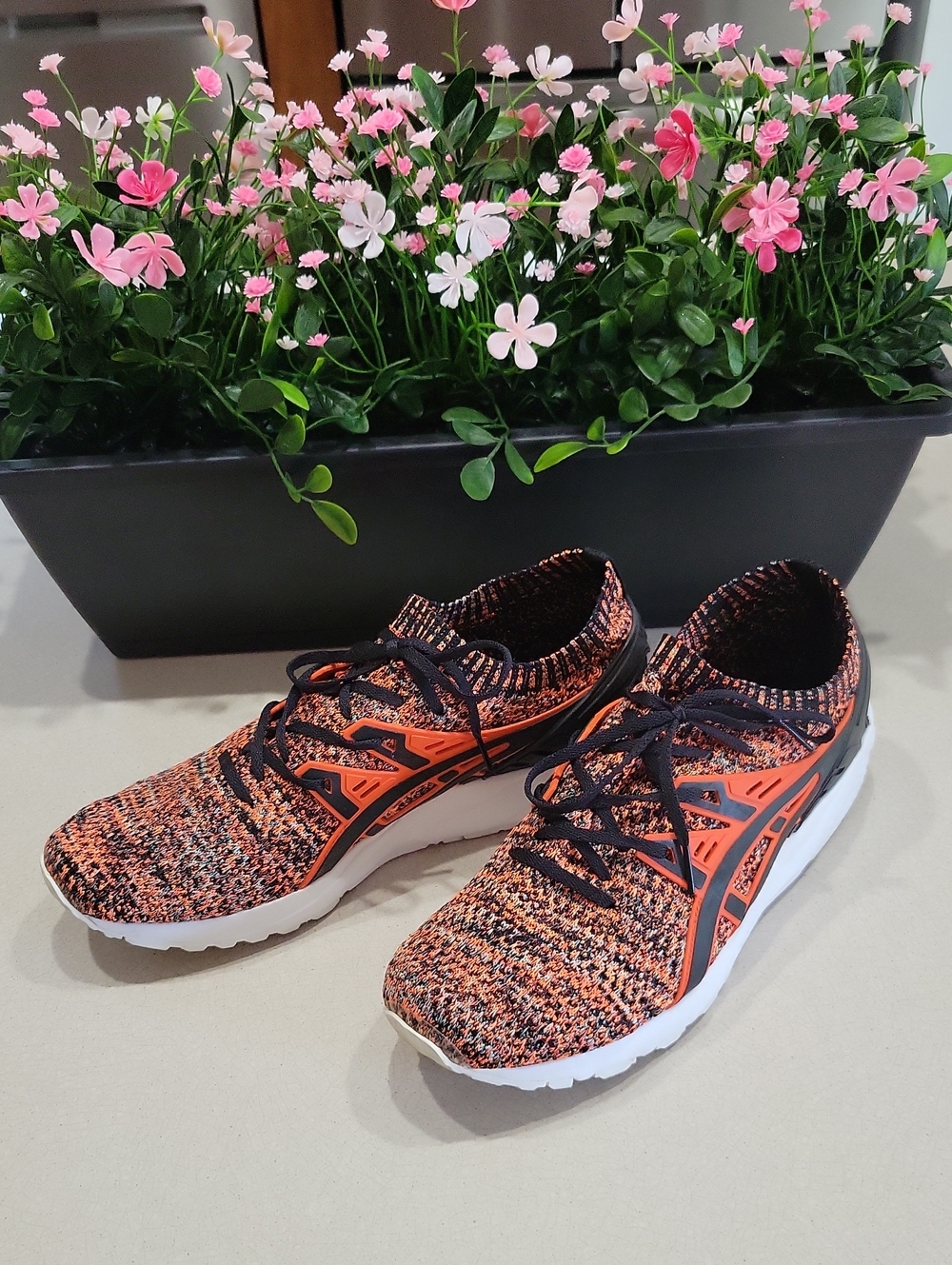 ASICS Orange and Black Knit Slip-On Running Shoes. GENTLY USED